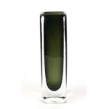 Amended description: Nils Landberg for Orrefors, a cuboid cased glass vase in dark green, h. 23 cm
