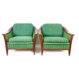 A pair of stained beech and green fabric upholstered armchairs on square tapering legs CONDITION