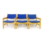 Hans Wegner for Getama, three oak framed armchairs with blue fabric upholstery CONDITION REPORT: