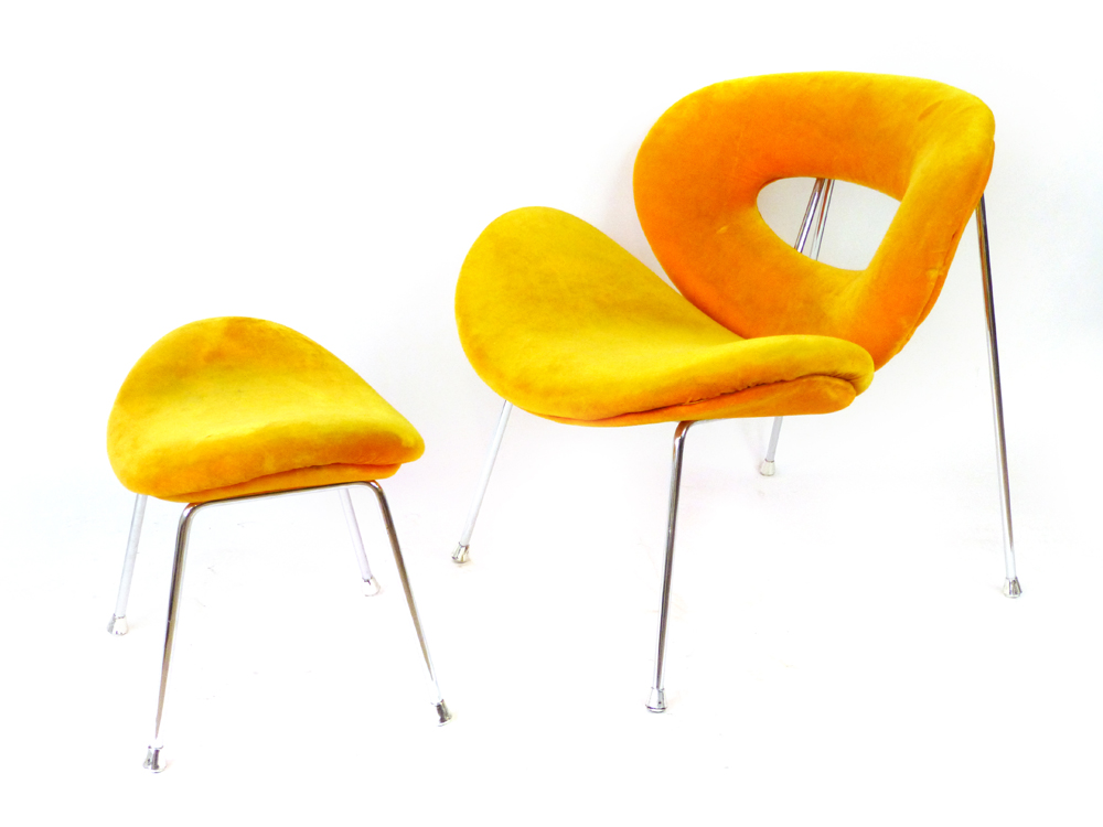 A 1960's-style orange lounge chair with chromed tubular supports together with a matching footstool,