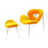 A 1960's-style orange lounge chair with chromed tubular supports together with a matching footstool,