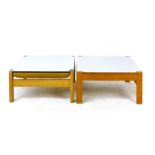 A Parker Knoll beech framed adjustable coffee table/mustard vinyl footstool, w. 55 cm, together with