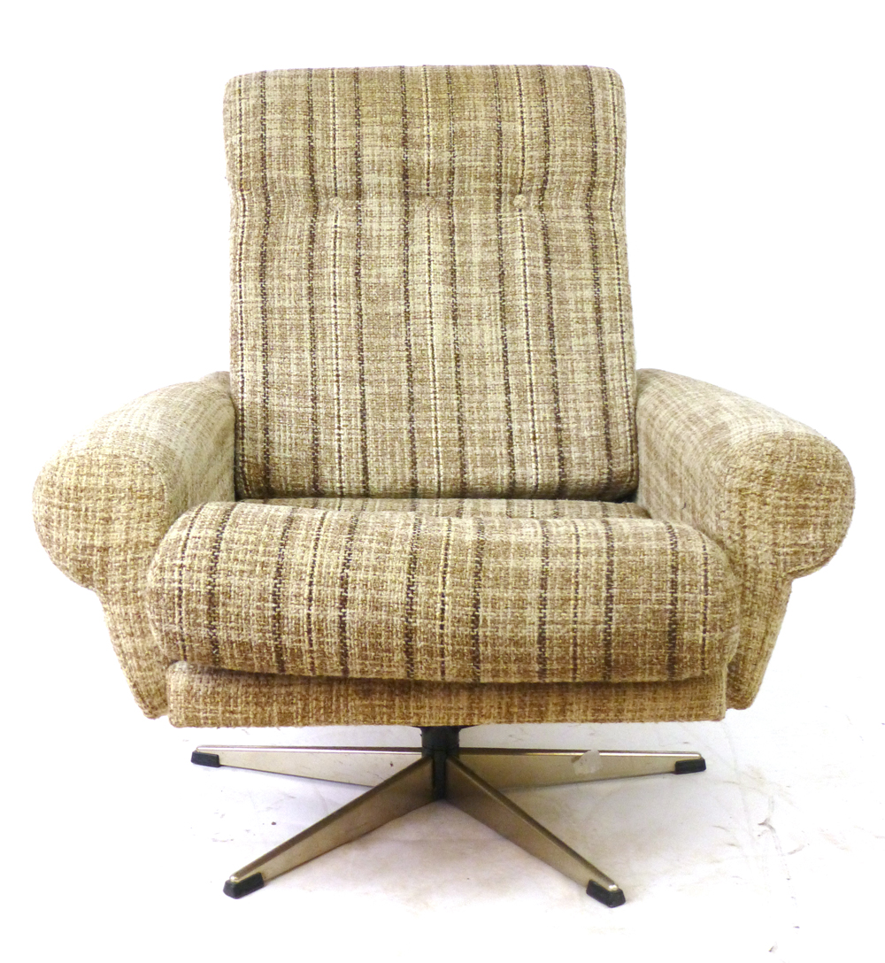 A 1960/70's highback lounge armchair with brown fabric upholstery on a chrome four-star swivel