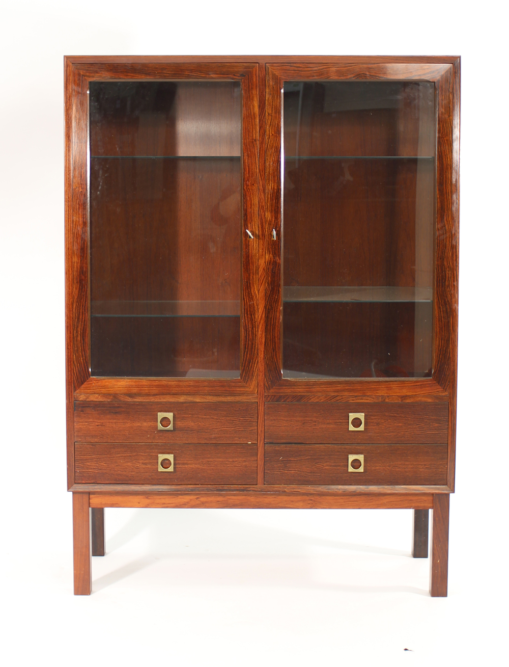 A 1960's rosewood twin door glazed display cabinet with four drawers below on square straight - Image 2 of 2