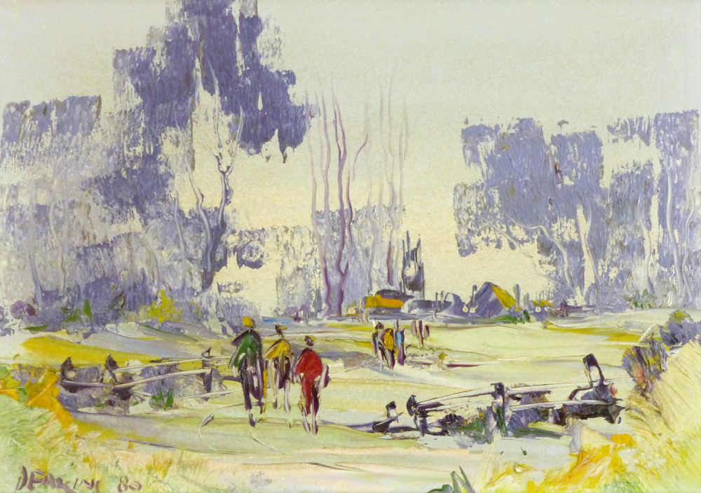 G Deakins,
A walker in a park,
oil on board,
singed,
40 x 29 cm CONDITION REPORT: Good