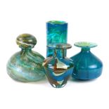 Michael Rayner for Totland Bay, a blue cased glass decanter with stopper, h. 16cm, two Mdina vases