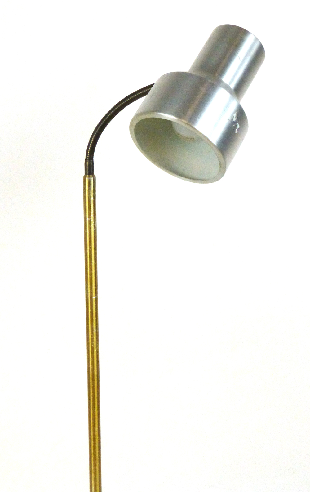 A 1970's spun aluminium single spot standard lamp on a brass coloured shaft CONDITION REPORT: Dents, - Image 2 of 3