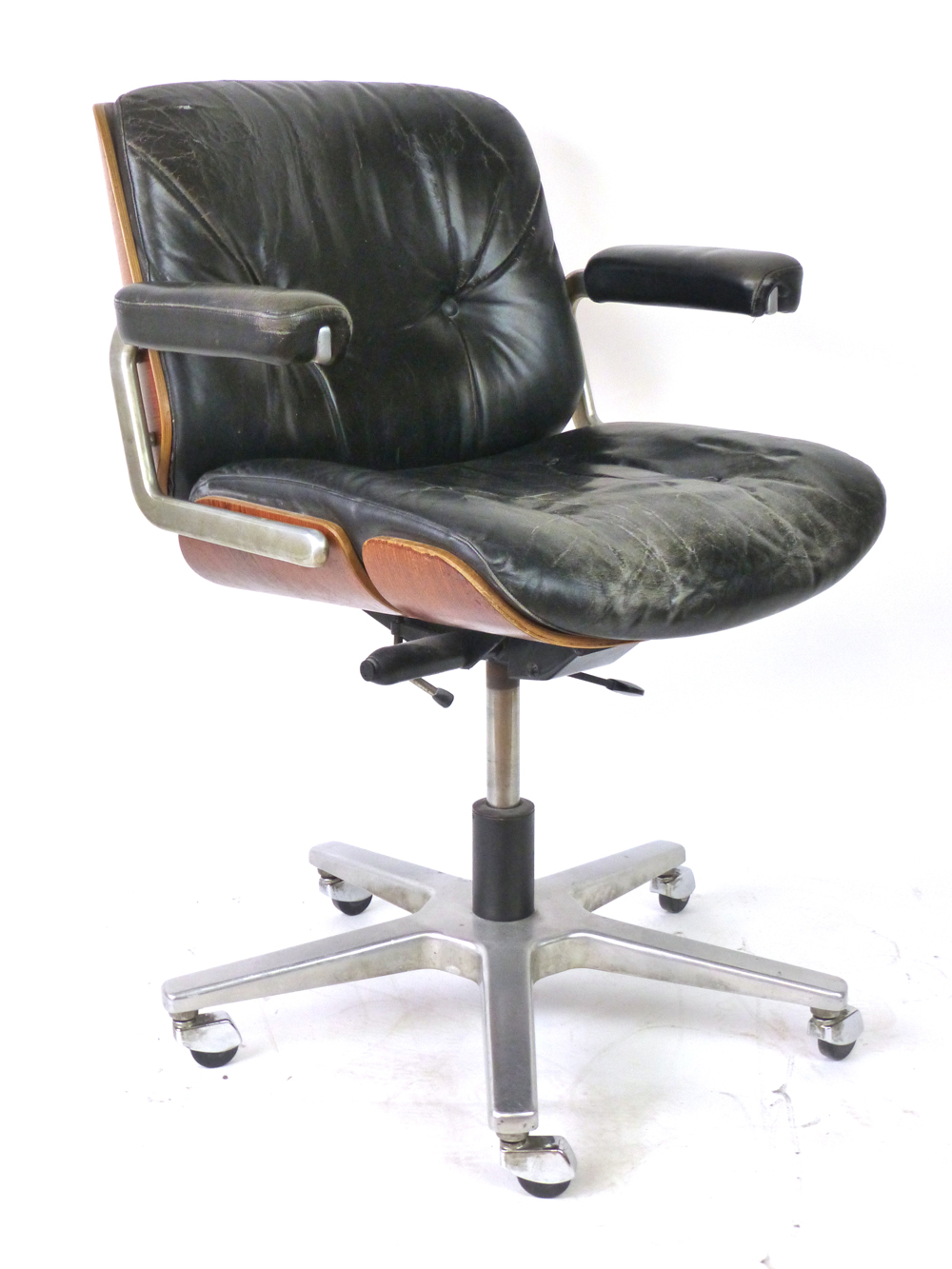 A 1970's bentwood and black leather office armchair on a five-star swivel base, by Giroflex - Image 2 of 8