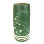 A Gmunder Keramik cylindrical vase decorated in a mottled green glaze with two incised antelopes and