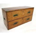 A 19th Century oak campaign style pair of drawers with brass handles and corners. h. 41 cm, w. 76