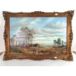 Don Vaughan, Shire horses pulling a log cart, trees and landscape behind, signed lower left, oil