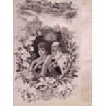 A woven silk portrait of George V and Queen Alexandra in black on an ivory silk background beneath a
