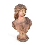 A cast terracotta bust of a maiden raised on a shaped base h. 65 cm CONDITION REPORT: Weathered,