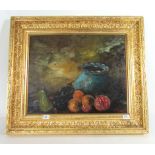 ?R. Thomson?, Still life of fruit, vase and spiders web, signed lower right, oil on canvas, 41 cm