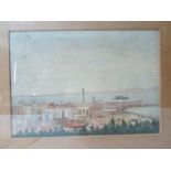 South African School, View of a red funnel steam ship at anchor with a city, possibly Cape Town,