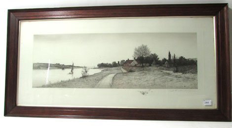 J. C. Anderson, a view of a cottage and sailing barges on a river going out to sea, engraving,