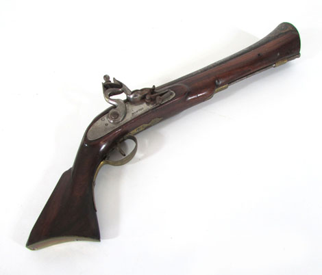 A 19th century blunderbuss style flintlock pistol, with lock stamped 'MANTON' with a 12 inch