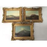 Late 19th century British school, Three mountainous landscapes, one with figures by a stack the