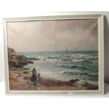 J. F. Slater, Mother and child on a beach looking out to a sailing and a steam boat, signed lower