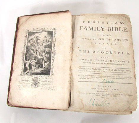 Rider (Rev, W) The Christians family bible, published London 1763, leather bound with various
