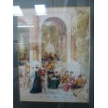 J. Franklin, Figures and musicians at a banquet, signed and dated 1837 lower left, watercolour, 26