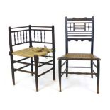 An Arts and Crafts style ebonised bedroom chair with spindle back, together with an Arts and