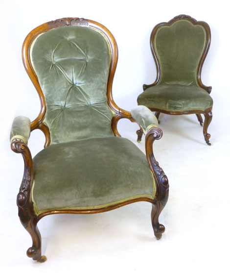 A matched pair of Victorian walnut framed chairs with spoon shaped backs, serpentine seats and - Image 2 of 2