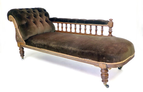 A Victorian oak framed chaise longue with button scroll arm and spindle supports. l. 190cm CONDITION - Image 2 of 2