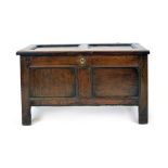 An oak coffer, probably early 18th Century, the double panelled cover enclosing a vacant interior,