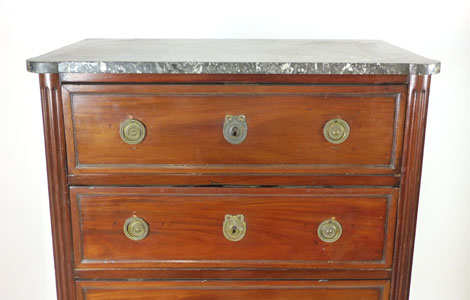 A French mahogany tall chest of six drawers, 19th Century, circular brass swing handles flanked by - Image 2 of 3