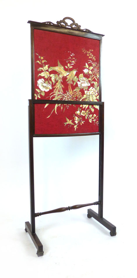 A rosewood framed fire screen, foliate pierced handle, of rectangular screen and square section - Image 2 of 2