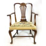 A George ll style mahogany elbow chair with pierced splat, tapestry upholstered seat, gentle out