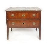 A French commode, 19th Century, pink and grey marble top above a pair of feather veneered long