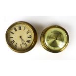 A brass cased ships bulkhead clock with cream dial together with a similar barometer (2)