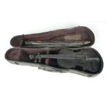 A miniature or infant's violin with single piece back, bow and fitted case, overall length 30 cm.