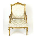 Louis XV style fauteuil, carved and gilt frame, padded back and stuffed over seat. CONDITION REPORT: