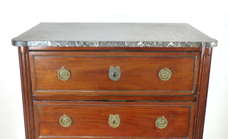 A French mahogany tall chest of six drawers, 19th Century, circular brass swing handles flanked by - Image 3 of 3