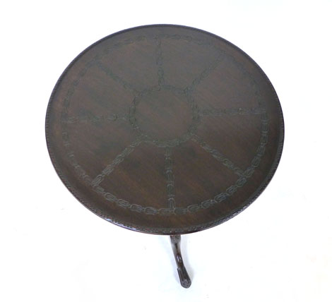 A mahogany circular tilt top occasional table, carved top above a wrythen and foliate carved - Image 3 of 3