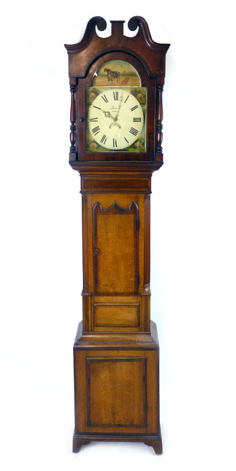 A Victorian oak and mahogany long case clock, the 12 inch painted dial inscribed 'Bancroft Derby',