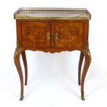 A French Walnut and floral inlaid side cabinet, three quarters grass gallery, gilt metal mounts