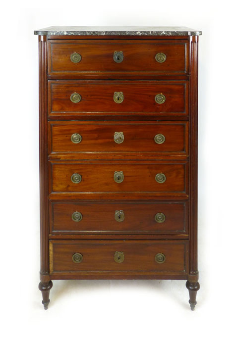 A French mahogany tall chest of six drawers, 19th Century, circular brass swing handles flanked by