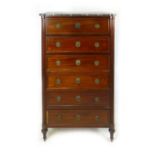 A French mahogany tall chest of six drawers, 19th Century, circular brass swing handles flanked by