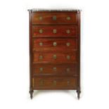 A 19th century French mahogany tall chest of six drawers, the circular brass swing handles flanked