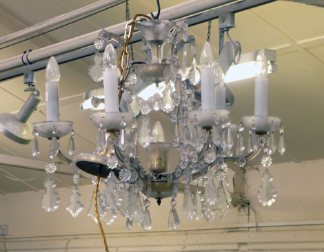 A Venetian style glass six branch chandelier with cut glass droplets and flower heads,  d. - Image 2 of 8