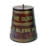 A ship's oak rum barrel of tapering form with applied brass inscription 'The Queen God Bless Her'