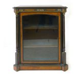A late Victorian ebony, amboyna and ivory strung display cabinet,