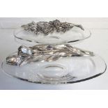 DISHES, two similar, silver plated and glass mounted with irises and flowering berries, both
