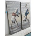 PORTO ROMANO CANVASES, a pair, of performers, 171cm x 70cm. (2)