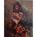 LUIS ROYO (Spanish, b. 1954), 'Girl with Flowers', lithograph, 96cm x 75cm, signed and numbered,