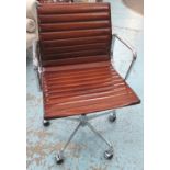 REVOLVING DESK CHAIR, Charles Eames style upholstered in ribbed tan leather revolving and